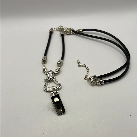 ID Badge Silver Tone and Black Cord Necklace with Ornate Metalwork - Picture 2 of 11